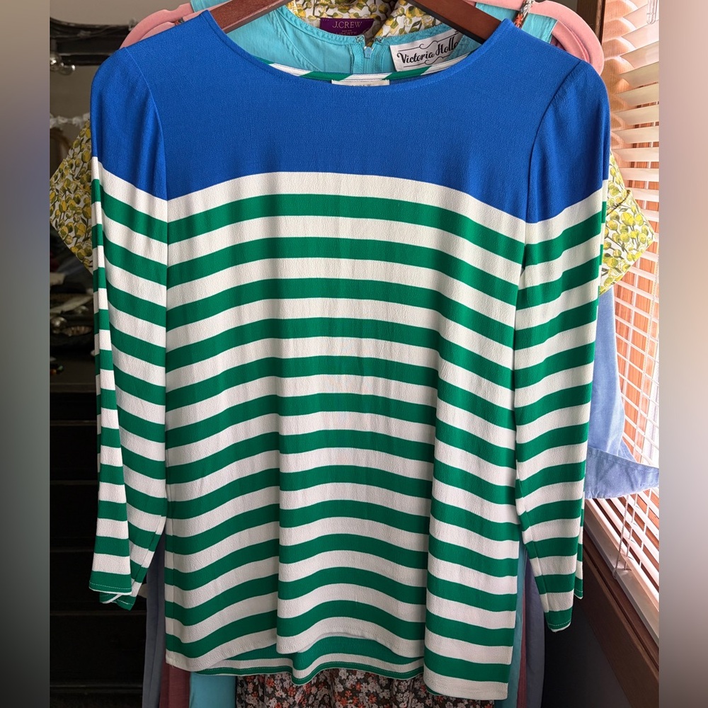 J. Crew Blue, Green & White Striped Long Sleeve Top